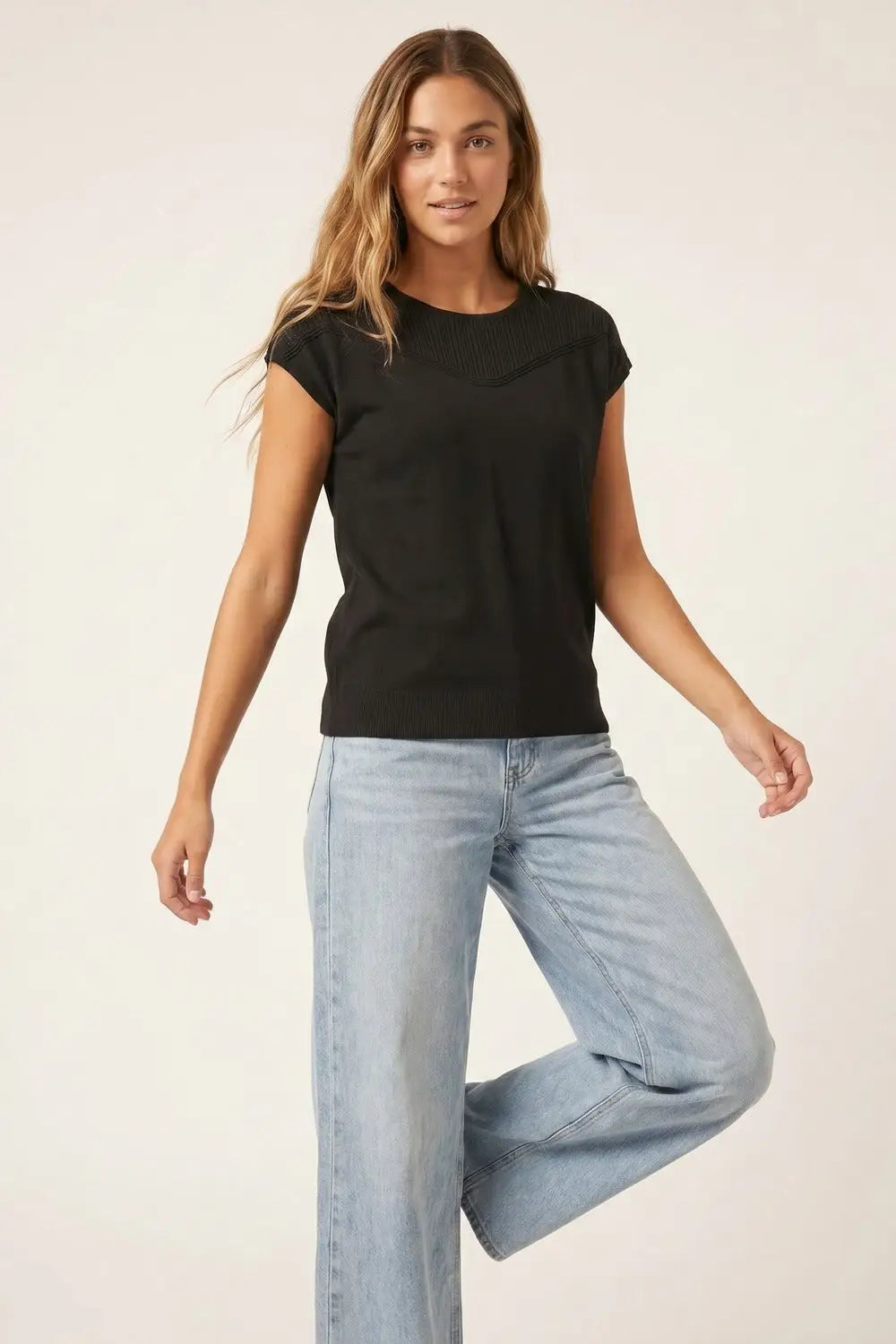 Black Knit Cap Sleeve Top with Textured Yoke Detail - BLACK / ONE - Sweaters