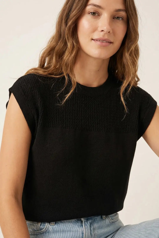 Black Knit Cap Sleeve Top with Textured Yoke Detail - BLACK / ONE - Sweaters