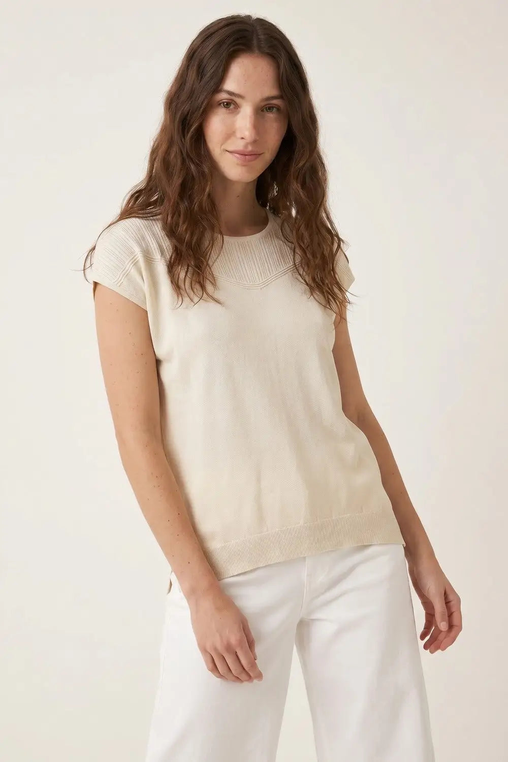 Cream Textured Knit Cap Sleeve Sweater Top - BEIGE / ONE - Sweaters