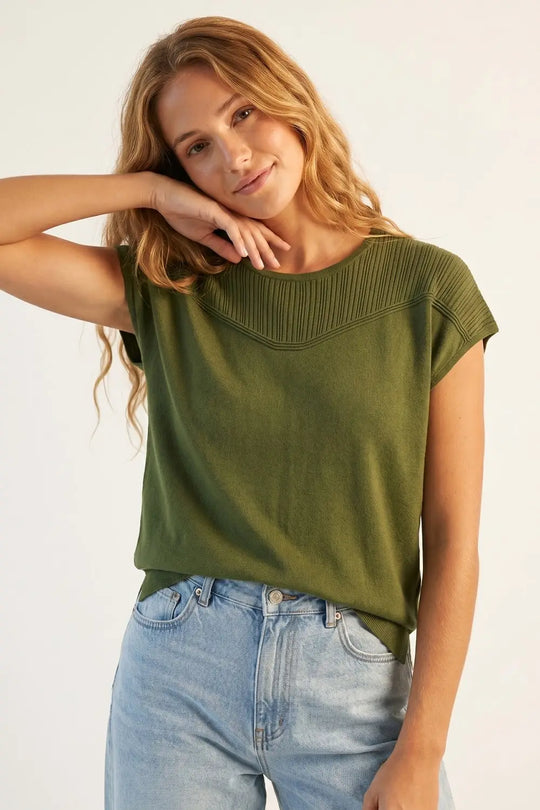Olive Green Knit Cap Sleeve Sweater with Ribbed Detail - KHAKI / ONE - Sweaters