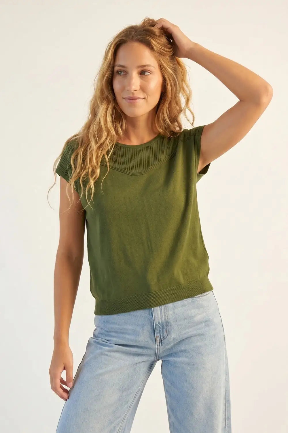 Olive Green Knit Cap Sleeve Sweater with Ribbed Detail - KHAKI / ONE - Sweaters
