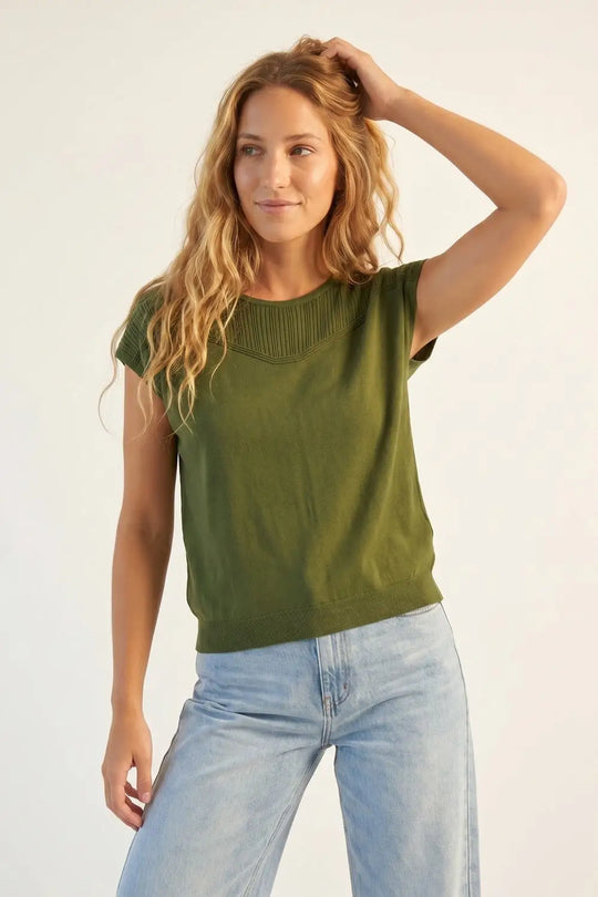 Olive Green Knit Cap Sleeve Sweater with Ribbed Detail - KHAKI / ONE - Sweaters