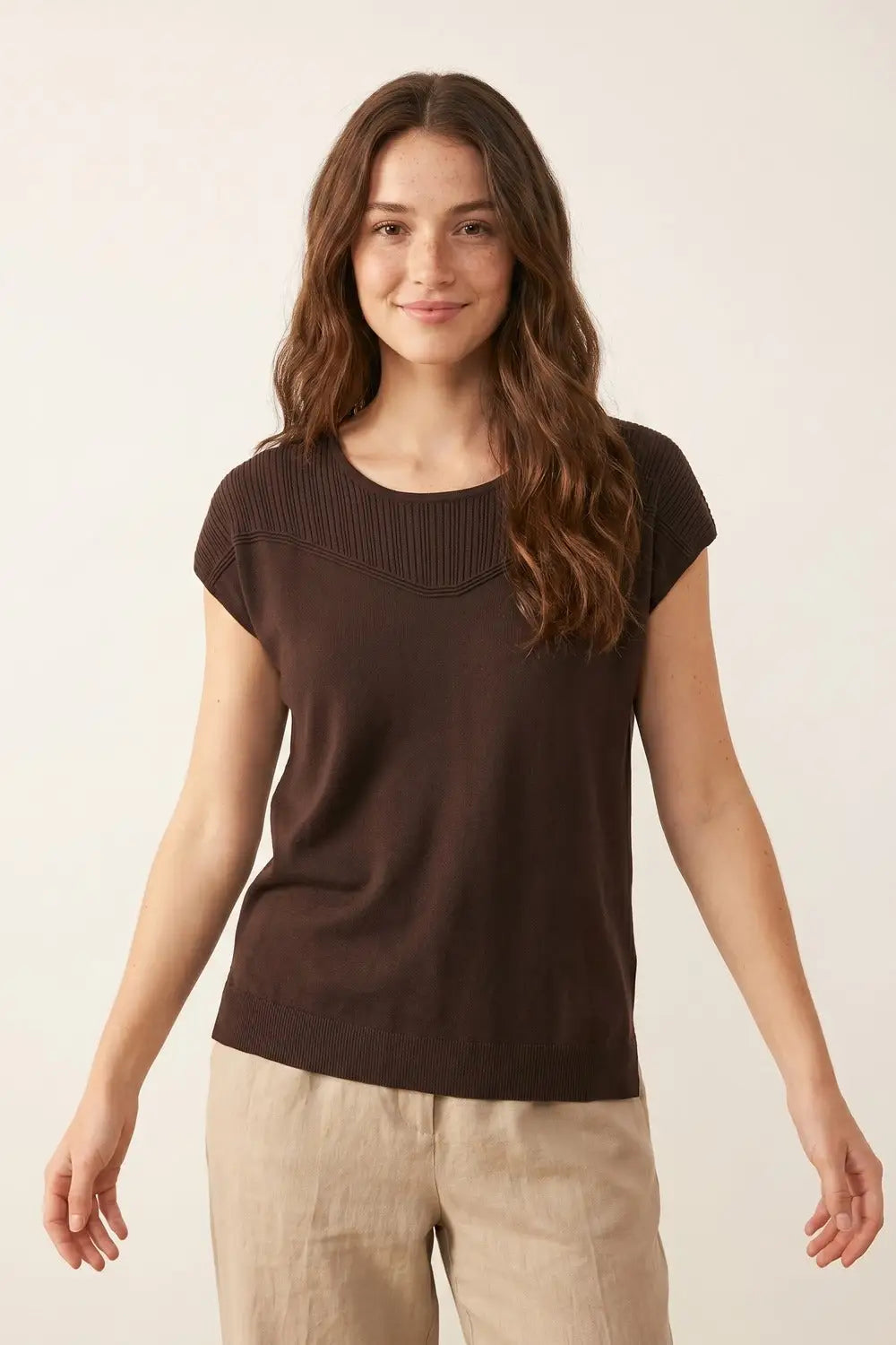 Brown Knit Cap Sleeve Pullover Top with Ribbed Detail - BROWN / ONE - Sweaters