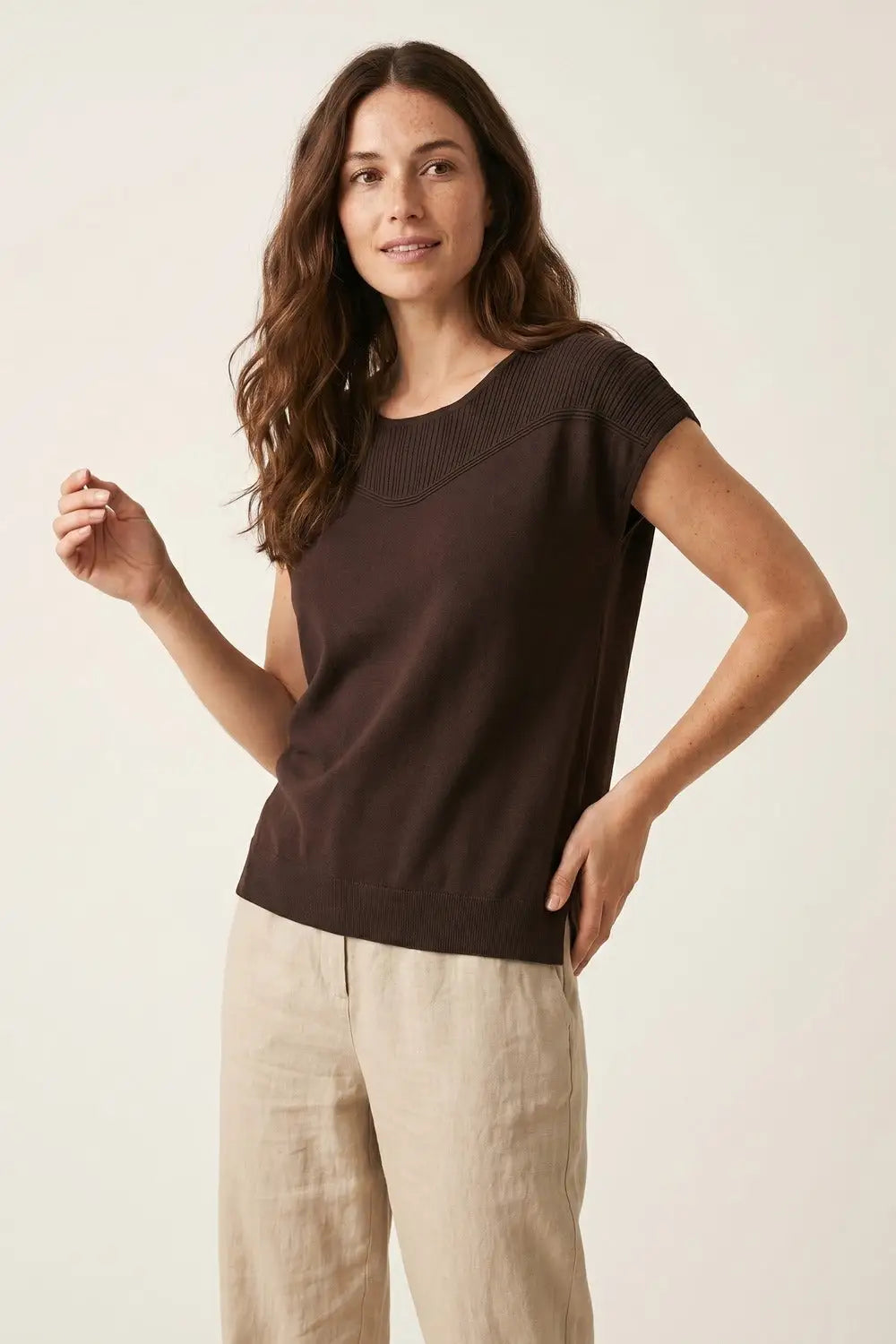 Brown Knit Cap Sleeve Pullover Top with Ribbed Detail - BROWN / ONE - Sweaters