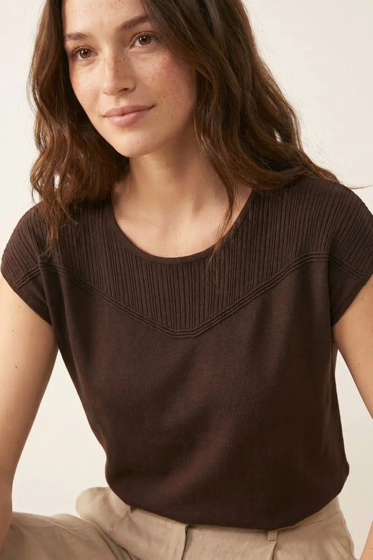 Brown Knit Cap Sleeve Pullover Top with Ribbed Detail - BROWN / ONE - Sweaters