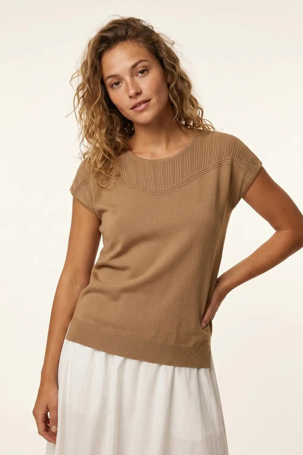 Camel Knit Cap Sleeve Sweater with Ribbed Detail - CAMEL / ONE - Sweaters