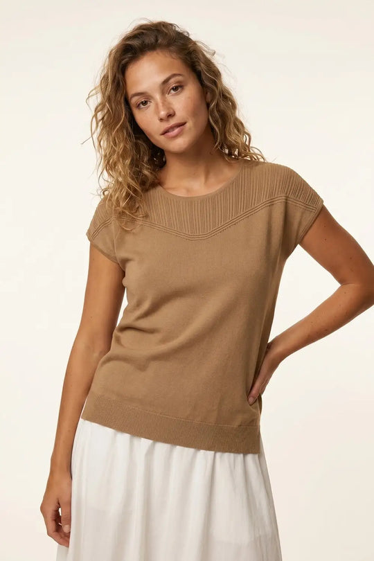 Camel Knit Cap Sleeve Sweater with Ribbed Detail - CAMEL / ONE - Sweaters