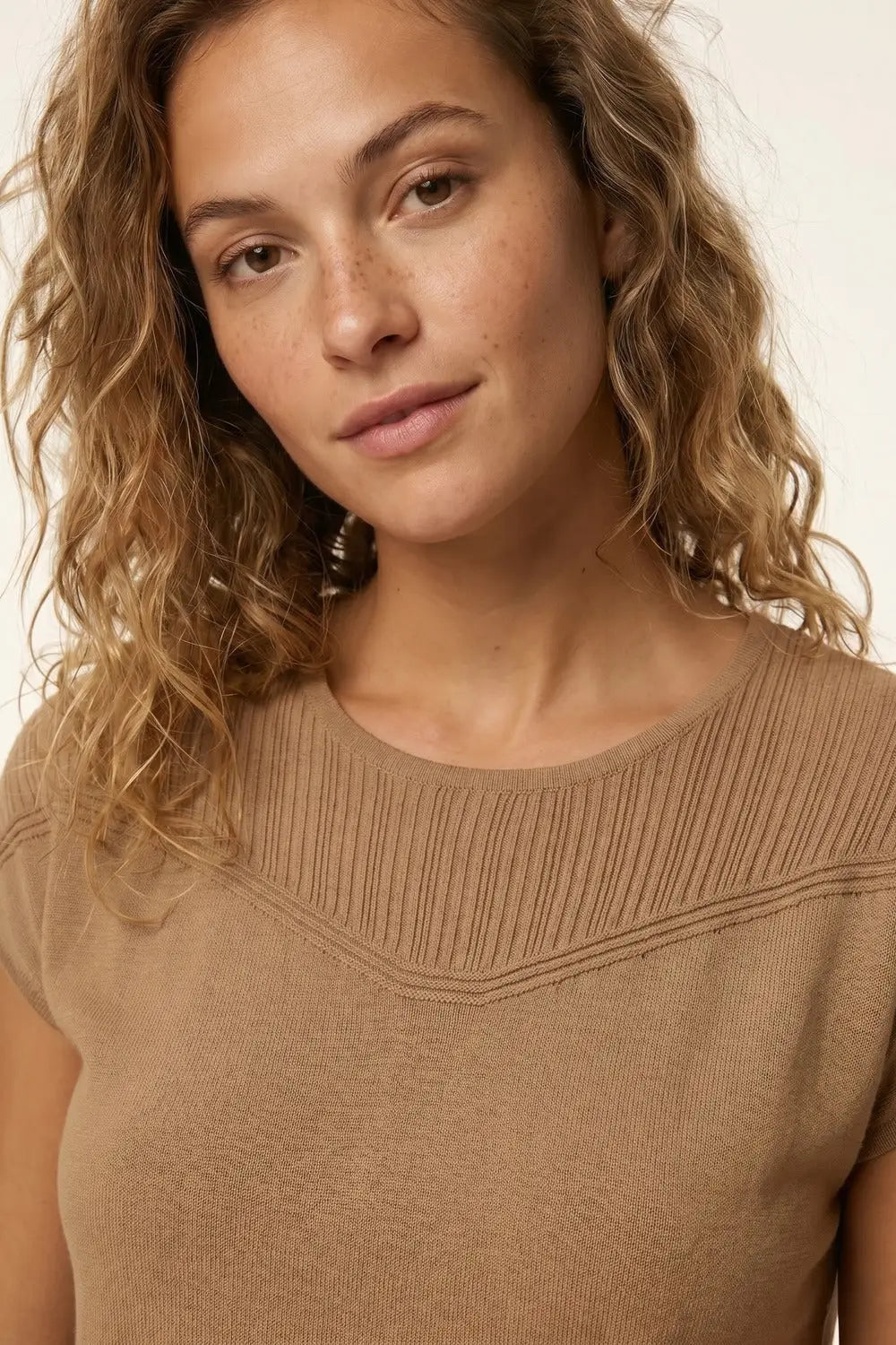 Camel Knit Cap Sleeve Sweater with Ribbed Detail - CAMEL / ONE - Sweaters