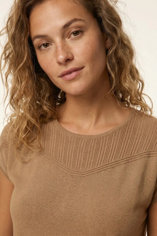 Camel Knit Cap Sleeve Sweater with Ribbed Detail - CAMEL / ONE - Sweaters