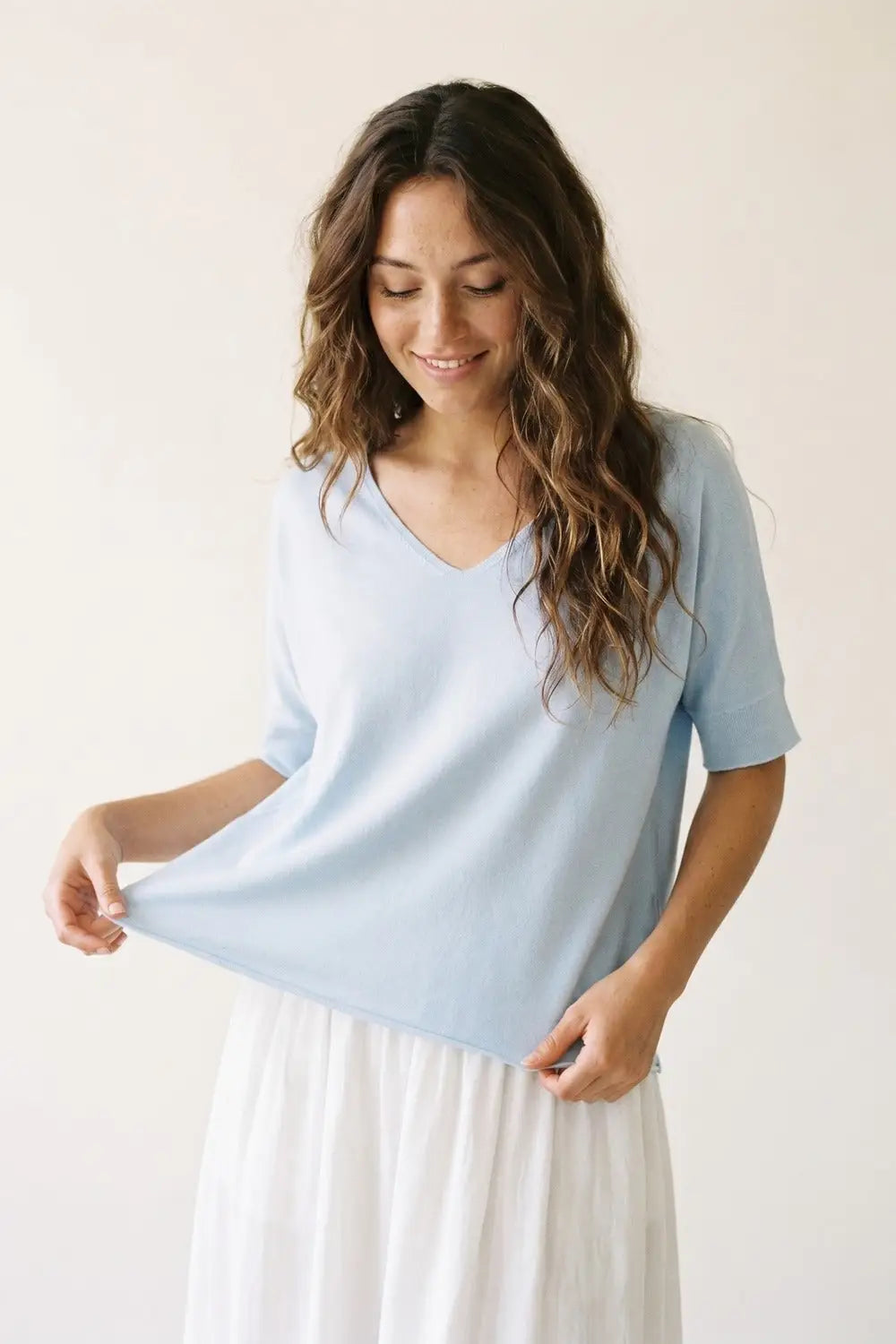 Light Blue Relaxed V-Neck Short Sleeve sweater - BLUE / ONE - Sweaters
