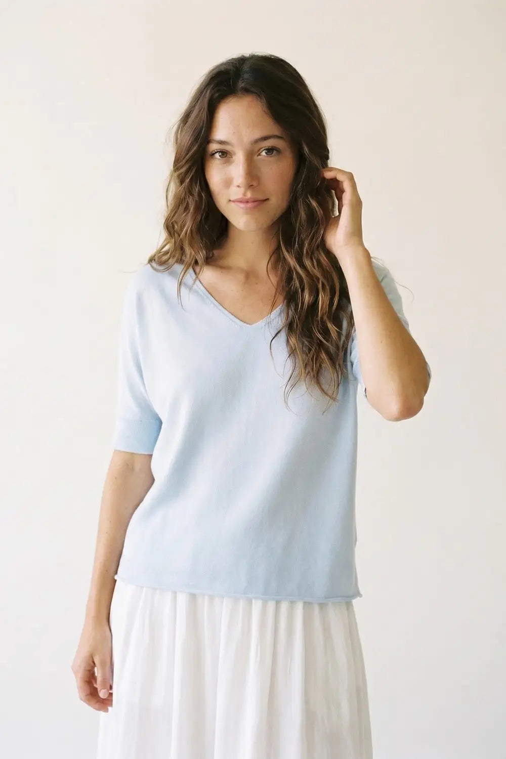 Light Blue Relaxed V-Neck Short Sleeve sweater - BLUE / ONE - Sweaters
