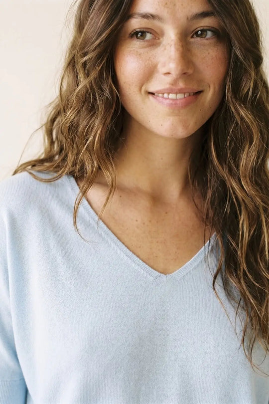 Light Blue Relaxed V-Neck Short Sleeve sweater - BLUE / ONE - Sweaters