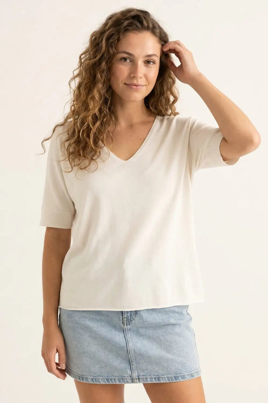 White Relaxed Fit V-Neck Short Sleeve sweater - WHITE / ONE - Sweaters