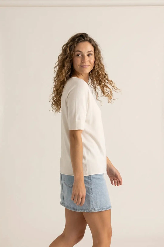 White Relaxed Fit V-Neck Short Sleeve sweater - WHITE / ONE - Sweaters