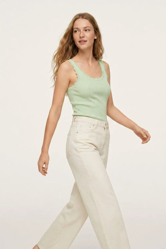 Light Green Ribbed Knit Tank with Scalloped Edges - GREEN / ONE - Tops