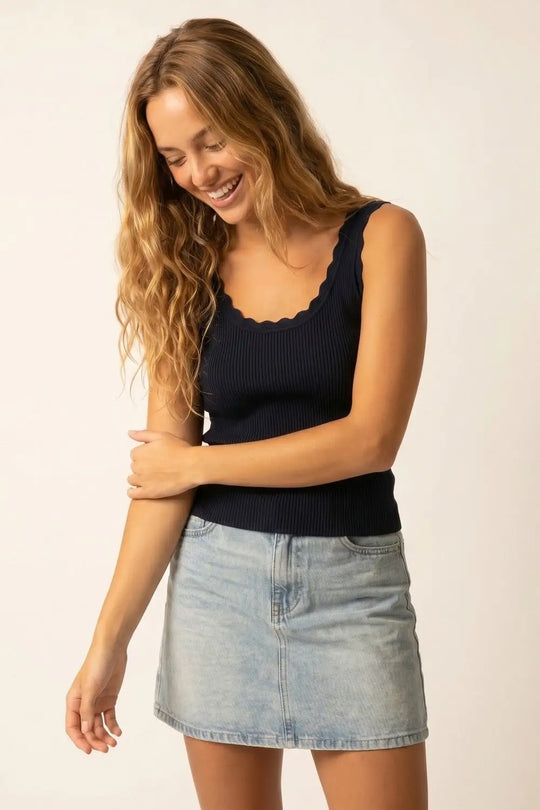 Navy Ribbed Knit Tank with Scalloped Neckline - NAVY / ONE - Tops