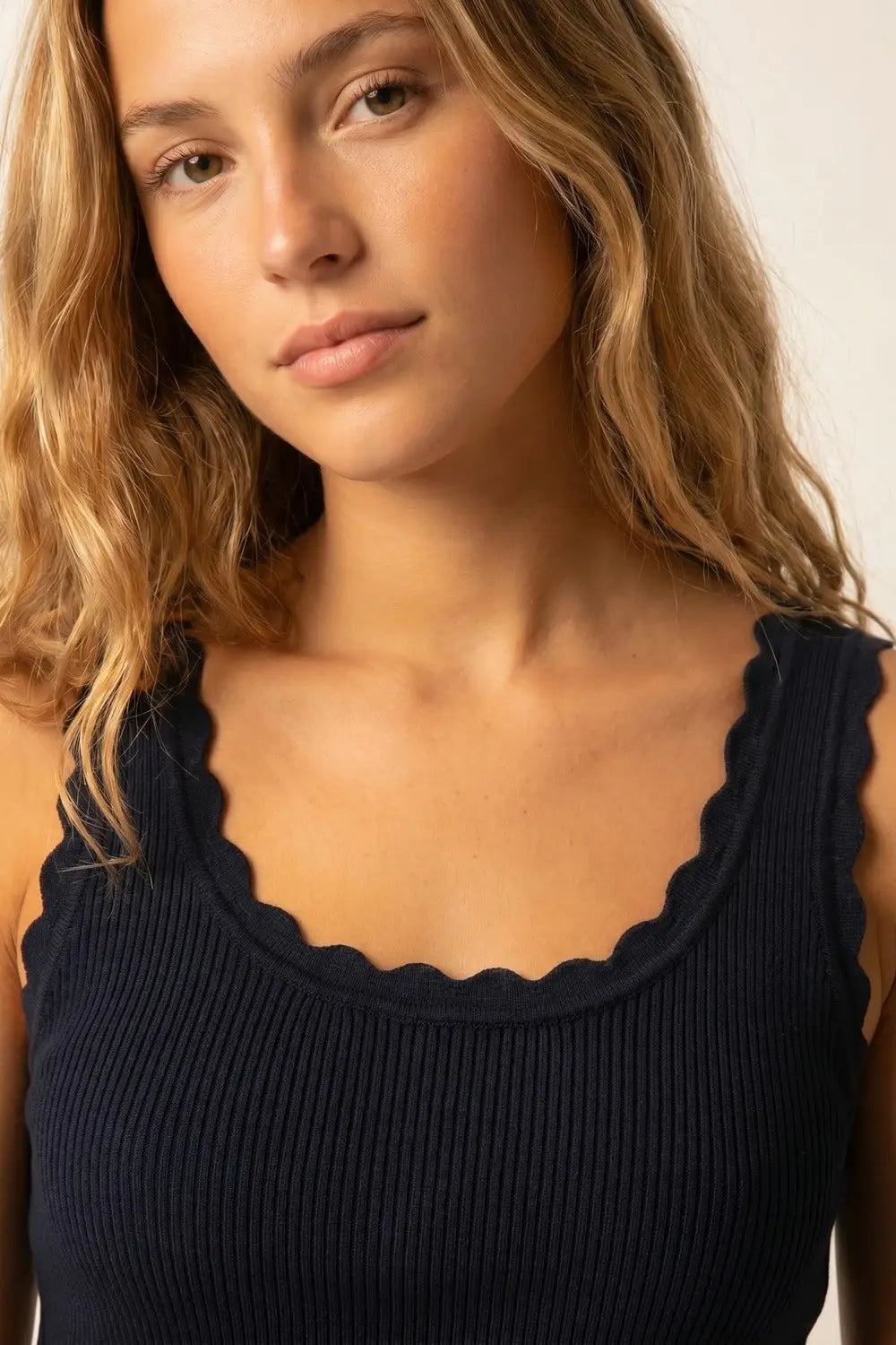 Navy Ribbed Knit Tank with Scalloped Neckline - NAVY / ONE - Tops