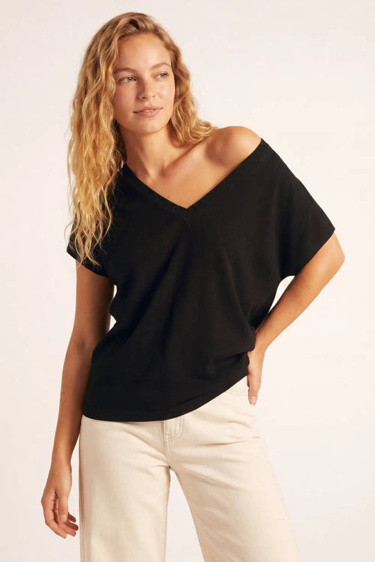 Black Fine Knit V-Neck Sweater with Short Sleeves - BLACK / ONE - Sweaters