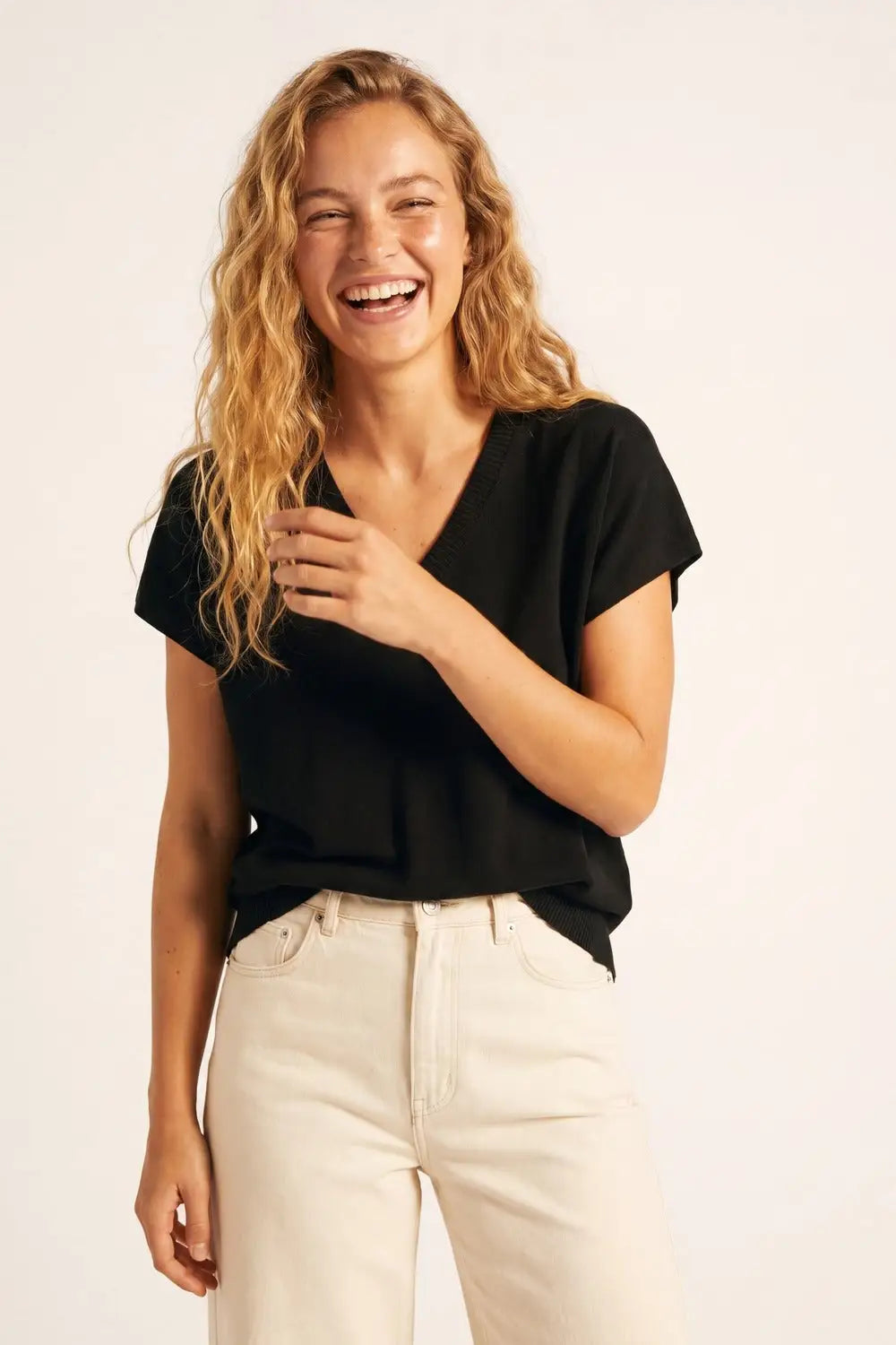 Black Fine Knit V-Neck Sweater with Short Sleeves - BLACK / ONE - Sweaters