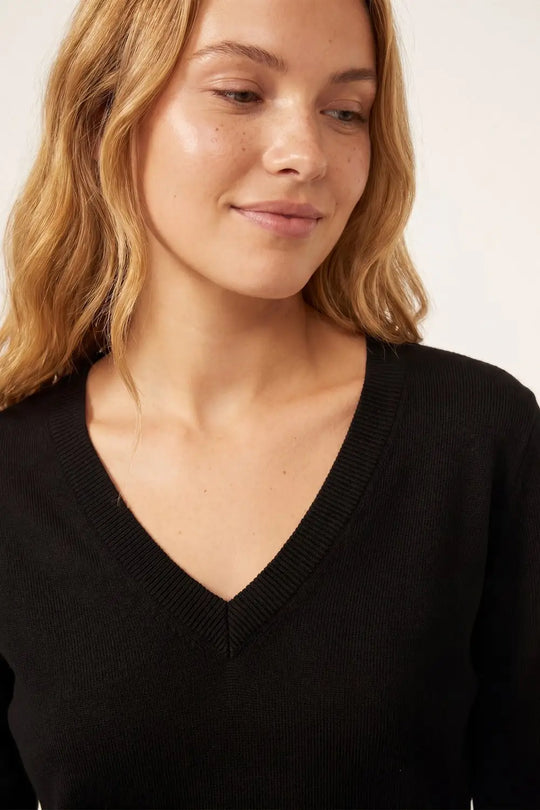 Black Fine Knit V-Neck Sweater with Short Sleeves - BLACK / ONE - Sweaters