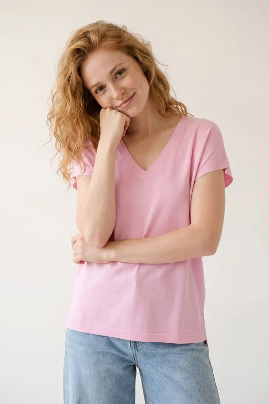 Pink V-Neck Relaxed Fit Knit sweater - PINK / ONE - Tops
