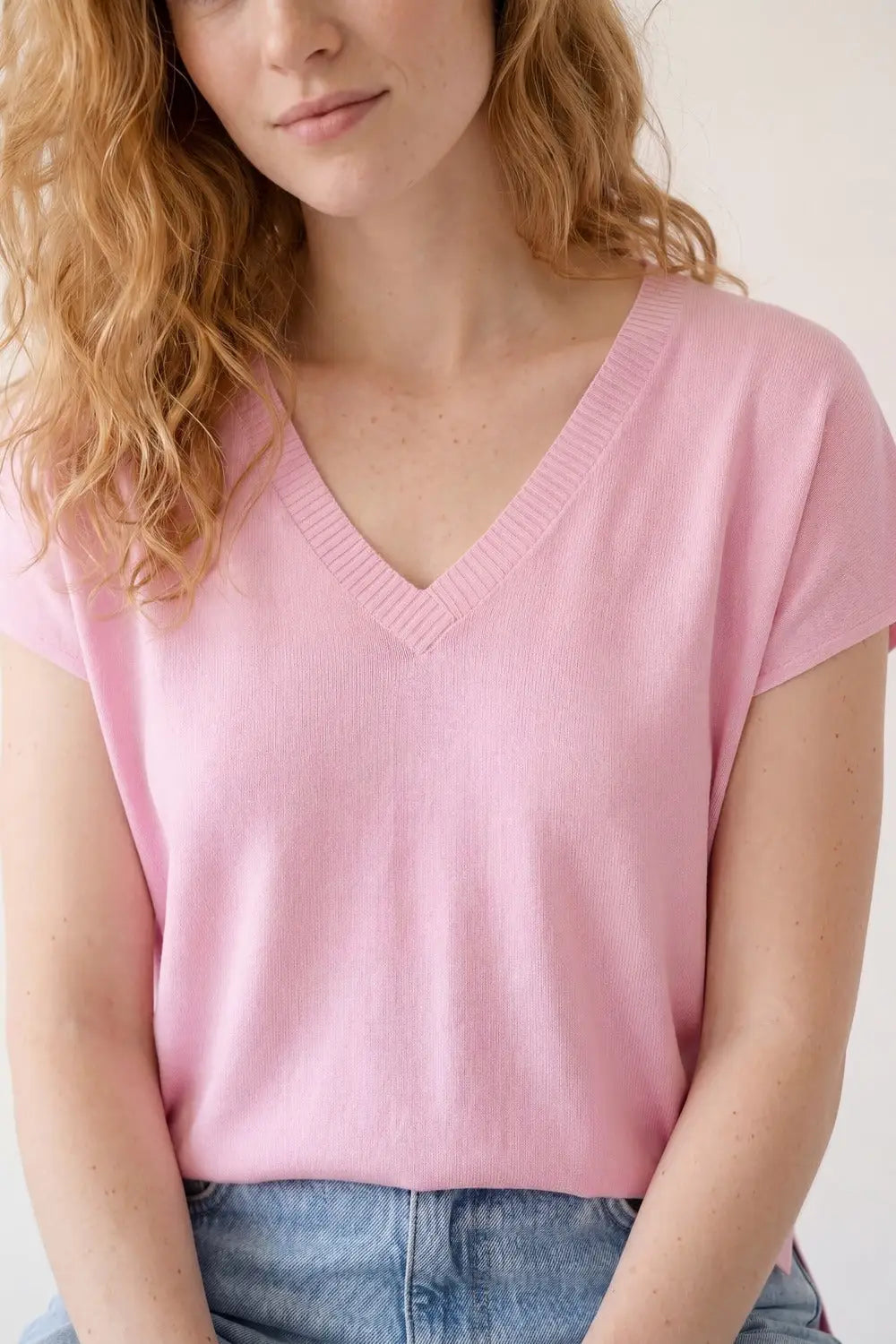 Pink V-Neck Relaxed Fit Knit sweater - PINK / ONE - Tops