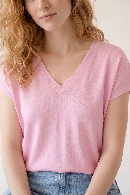 Pink V-Neck Relaxed Fit Knit sweater - PINK / ONE - Tops