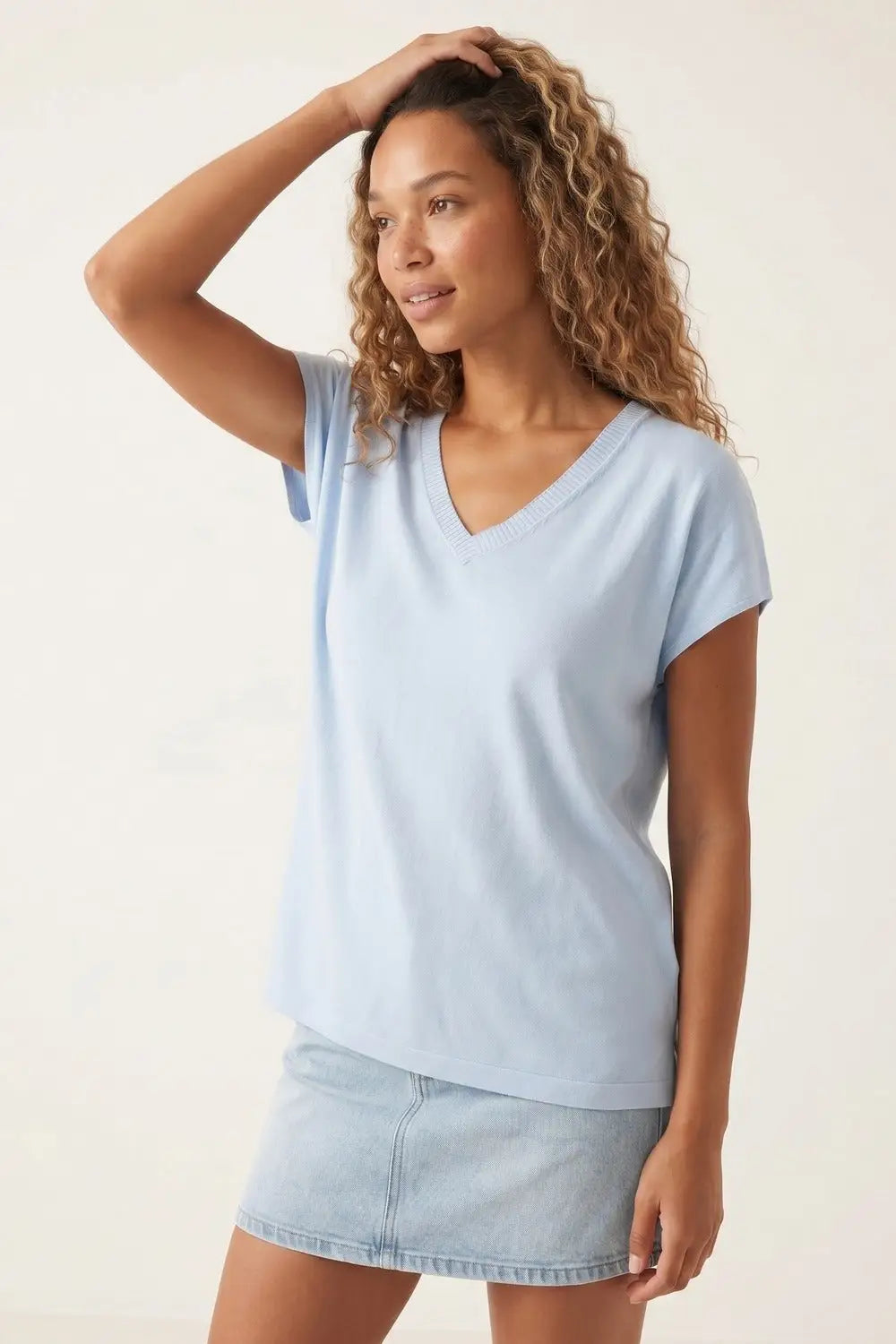 Light Blue V-Neck Relaxed Fit Knitted sweater - BLUE / ONE - Tops