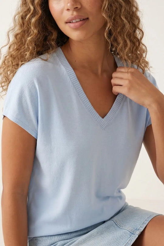 Light Blue V-Neck Relaxed Fit Knitted sweater - BLUE / ONE - Tops