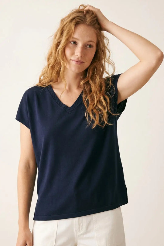 Navy V-Neck Short Sleeve Knitted sweater - NAVY / ONE - Tops