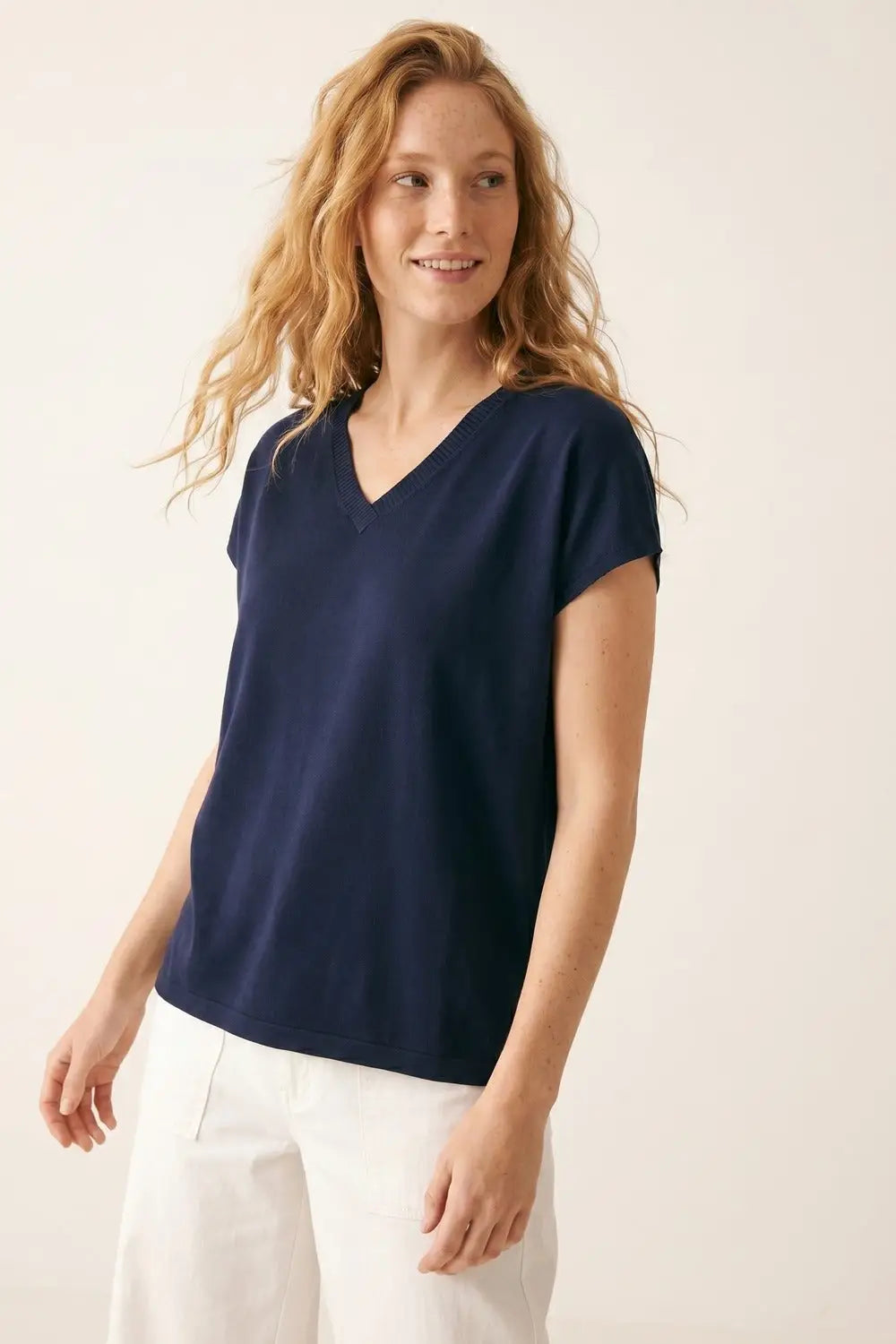Navy V-Neck Short Sleeve Knitted sweater - NAVY / ONE - Tops