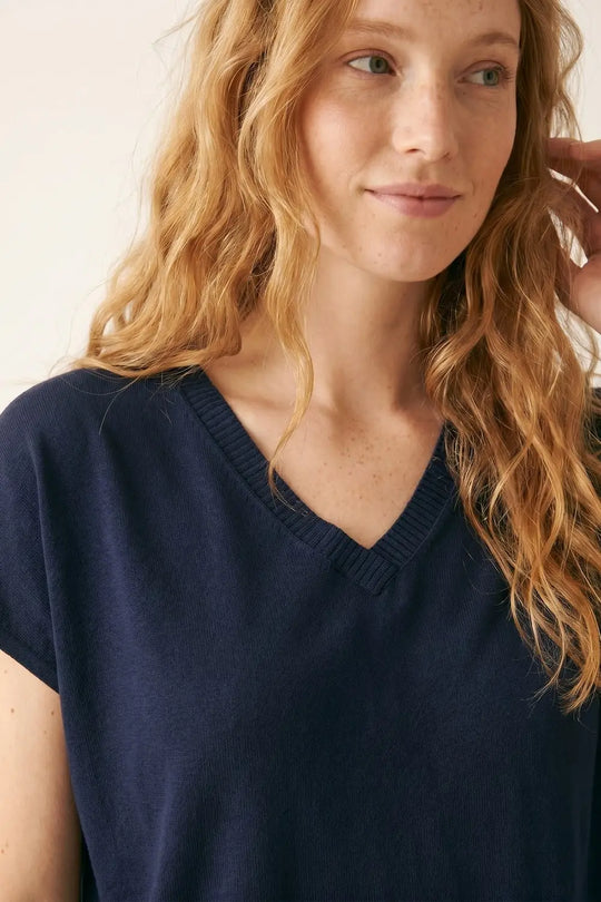 Navy V-Neck Short Sleeve Knitted sweater - NAVY / ONE - Tops