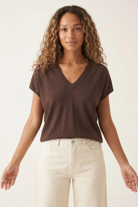 Brown Fine Knit V-Neck Short Sleeve Sweater - BROWN / ONE - Tops