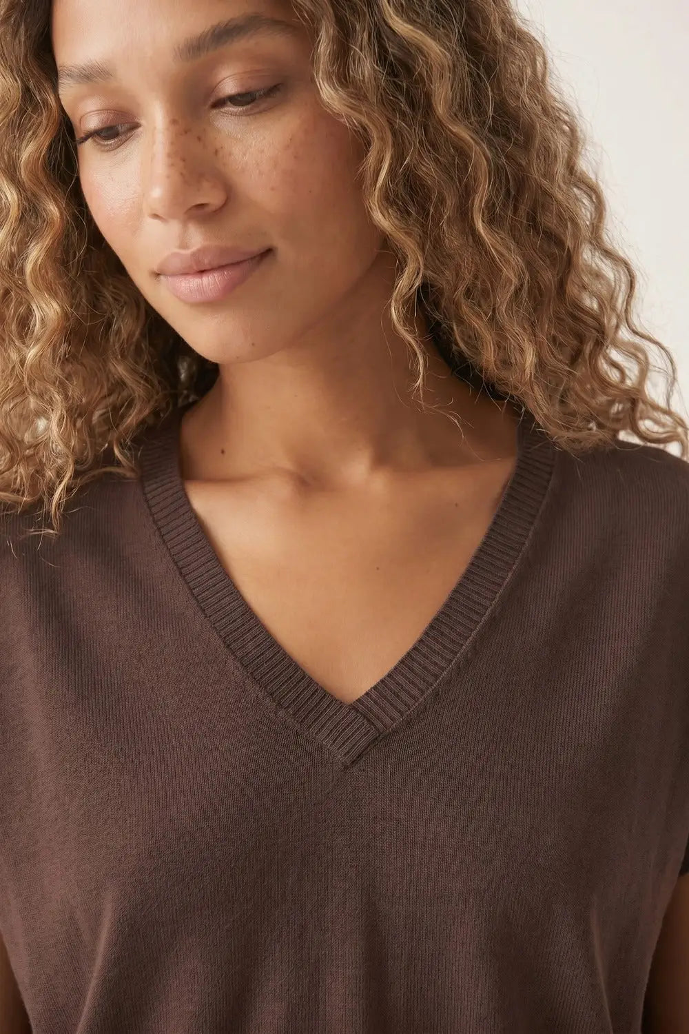 Brown Fine Knit V-Neck Short Sleeve Sweater - BROWN / ONE - Tops
