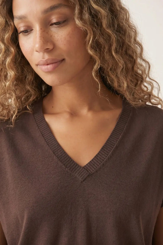 Brown Fine Knit V-Neck Short Sleeve Sweater - BROWN / ONE - Tops