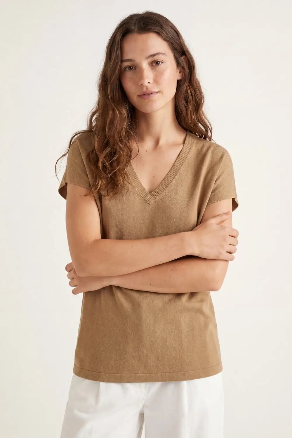 Camel Fine Knitted V-Neck Short Sleeve Sweater - CAMEL / ONE - Tops