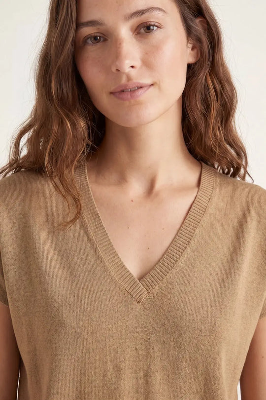 Camel Fine Knitted V-Neck Short Sleeve Sweater - CAMEL / ONE - Tops