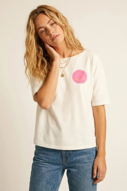 White Smiley Face Casual Short Sleeve sweatshirt - CREAM / ONE - T-Shirts