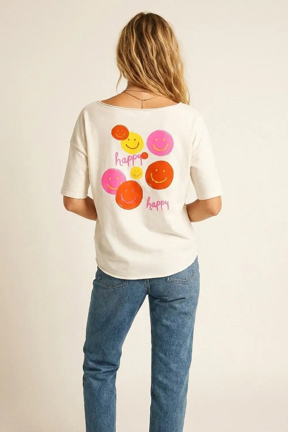 White Smiley Face Casual Short Sleeve sweatshirt - CREAM / ONE - T-Shirts