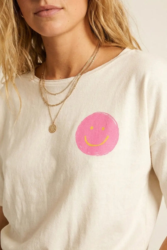 White Smiley Face Casual Short Sleeve sweatshirt - CREAM / ONE - T-Shirts