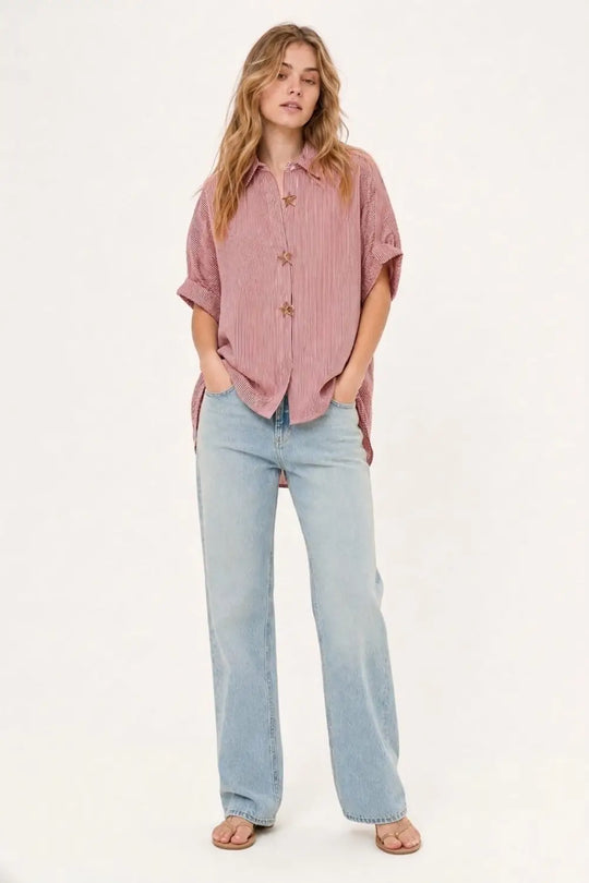 Pink Oversized Striped Poplin Shirt with Starfish Buttons - Shirts