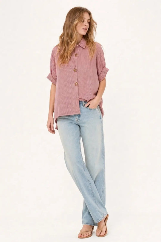 Pink Oversized Striped Poplin Shirt with Starfish Buttons - Shirts