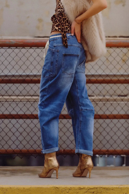 Blue Mid Wash ankle Wide Leg Jeans with Belt