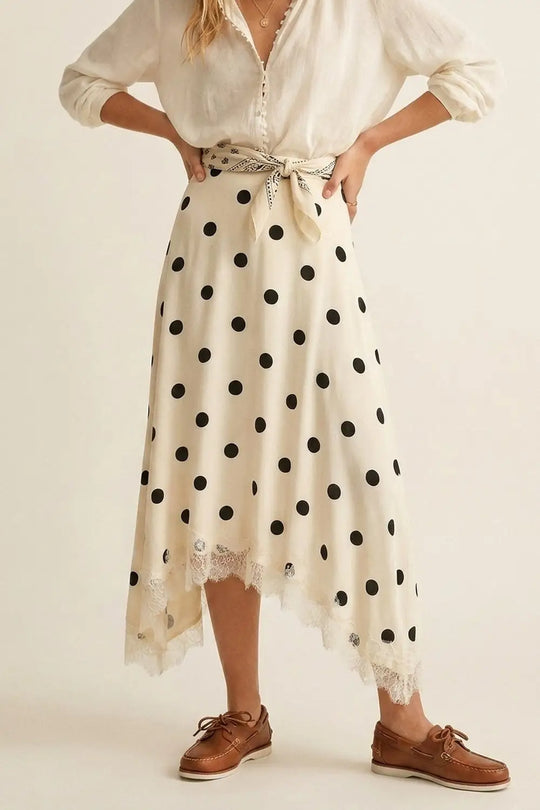 Cream Polka-Dot Print Satin Lace Trim Asymmetrical Midi Skirt - Skirts