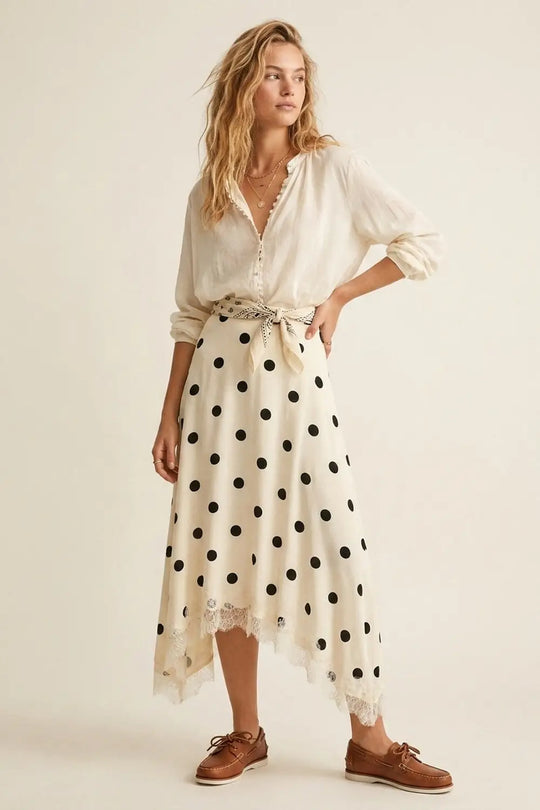 Cream Polka-Dot Print Satin Lace Trim Asymmetrical Midi Skirt - Skirts