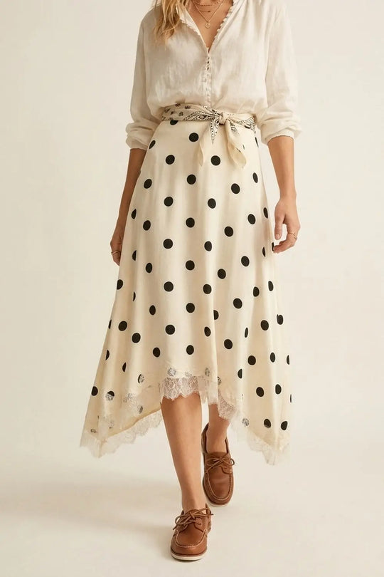 Cream Polka-Dot Print Satin Lace Trim Asymmetrical Midi Skirt - Skirts
