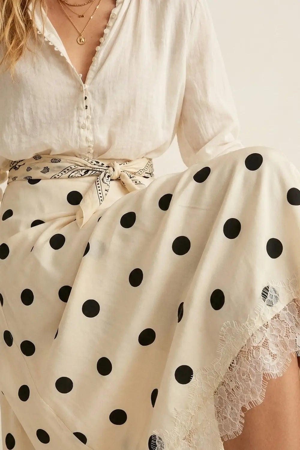 Cream Polka-Dot Print Satin Lace Trim Asymmetrical Midi Skirt - Skirts