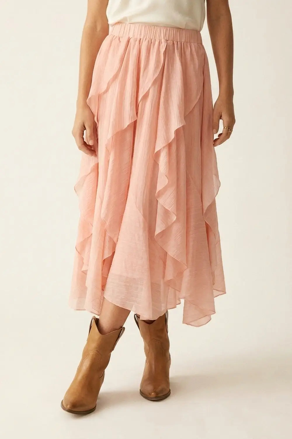 Pink Lightweight Woven Ruffle Tiered Asymmetrical Midi Skirt - Skirts