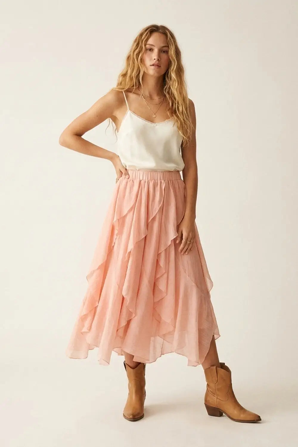 Pink Lightweight Woven Ruffle Tiered Asymmetrical Midi Skirt - Skirts