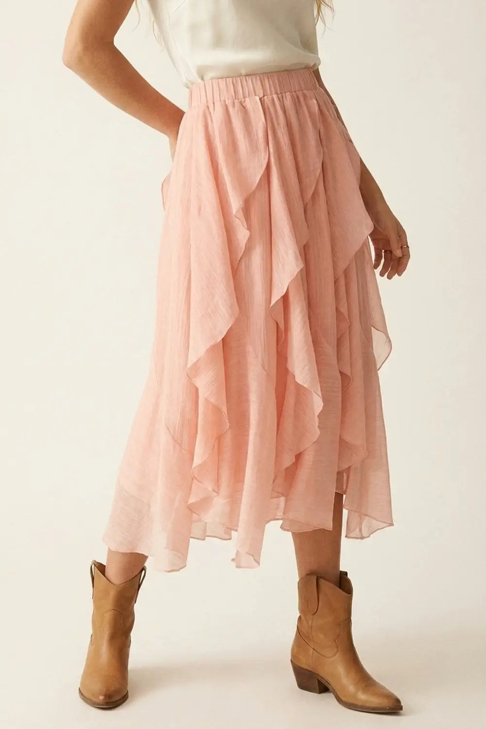Pink Lightweight Woven Ruffle Tiered Asymmetrical Midi Skirt - Skirts
